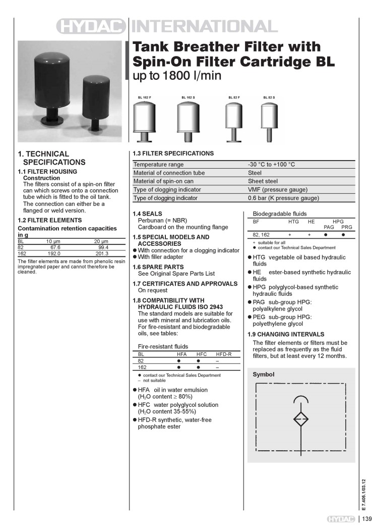 하이닥 HYDAC 스핀 온 필터 카트리지 부착 탱크 브리샤 필터 BL 시리즈 (TANK BREATHER FILTER BL
