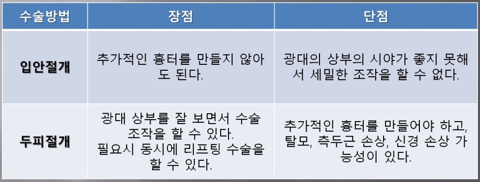 입안 절개와 두피 절개의 광대 재건 장단점 비교표