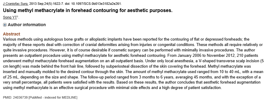 2013년 본시멘트 이마 성형 Journal of Craniofacial Surgery 자료