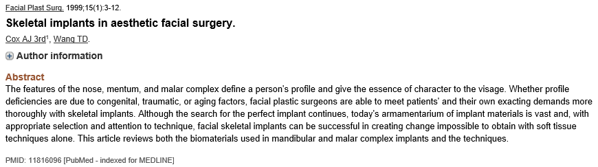 1999년 턱과 광대 본시멘트 보형물 관련 Facial Plastic Surgery 자료