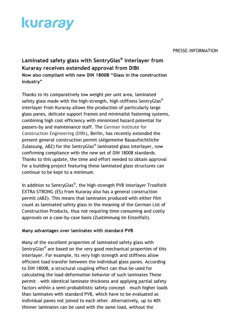 Laminated safety glass with SentryGlas® interlayer from Kuraray