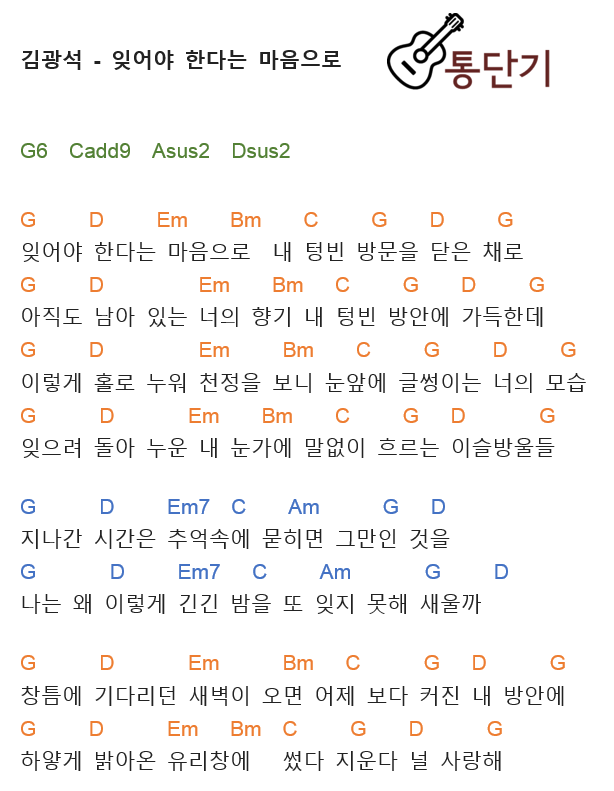 잊어야 한다는 마음으로 - 기타 코드 악보 (타브 포함) : 네이버 블로그