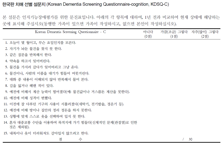 [치매] 한국판 치매 선별도구 : Korean Dementia Screening Questionnaire : 네이버 블로그