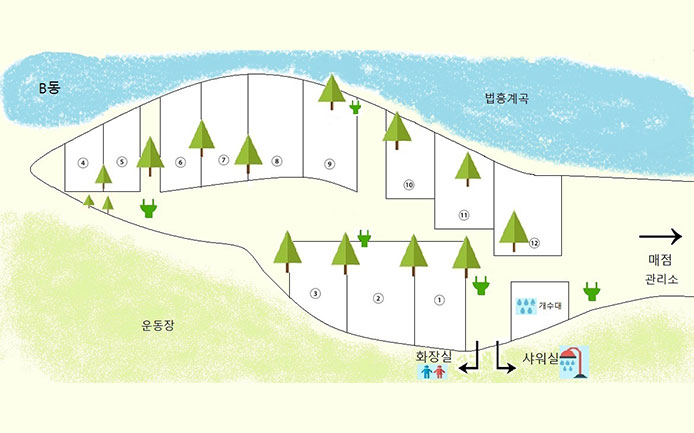 소나무와 계곡 캠핑장 이미지