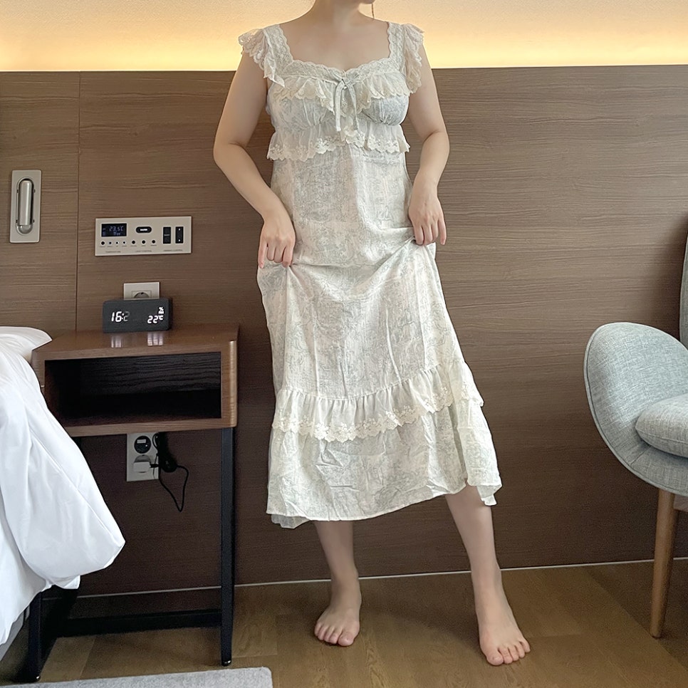 힐트니 커플 잠옷 트왈드주이 민소매 캡내장 원피스 여름 신혼 허니문 파자마 상세 이미지 83