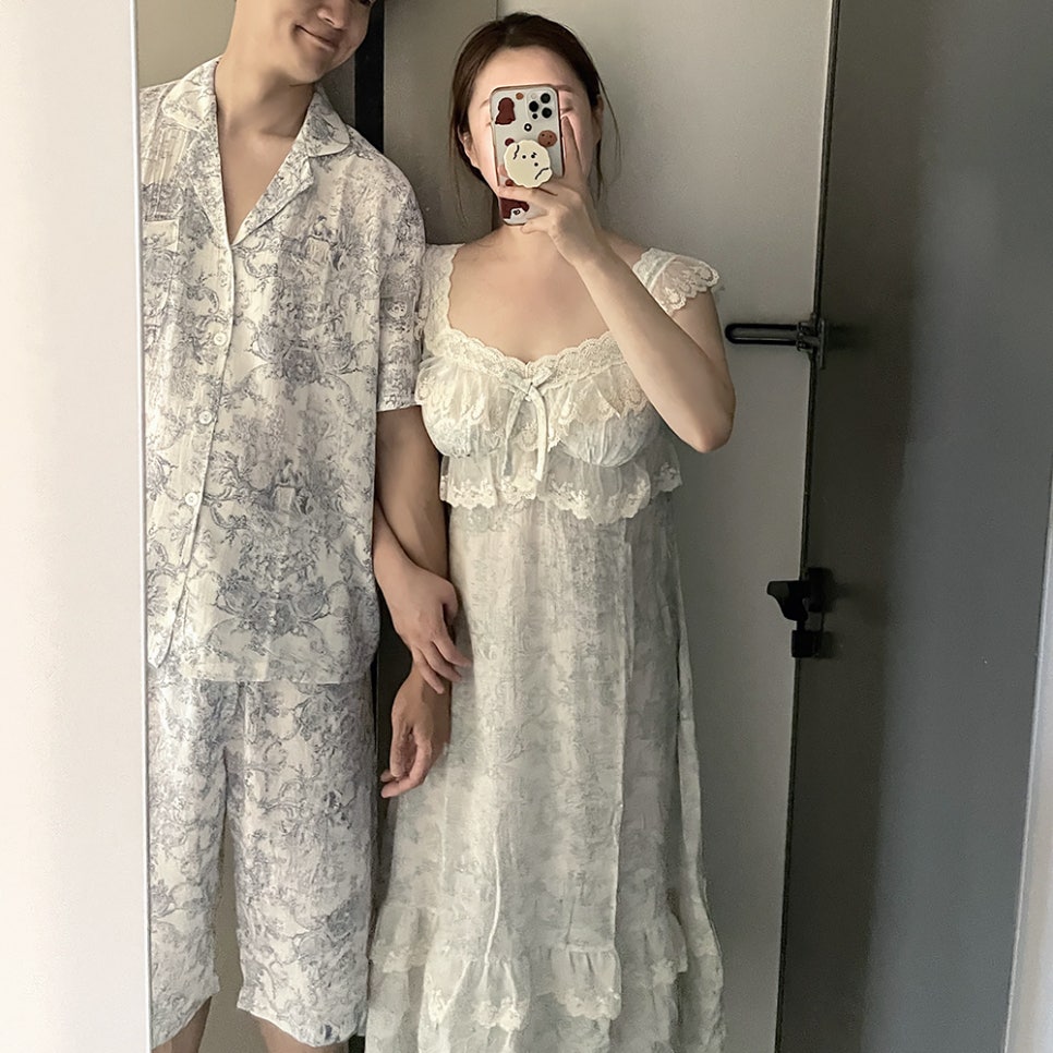 힐트니 커플 잠옷 트왈드주이 민소매 캡내장 원피스 여름 신혼 허니문 파자마 상세 이미지 67