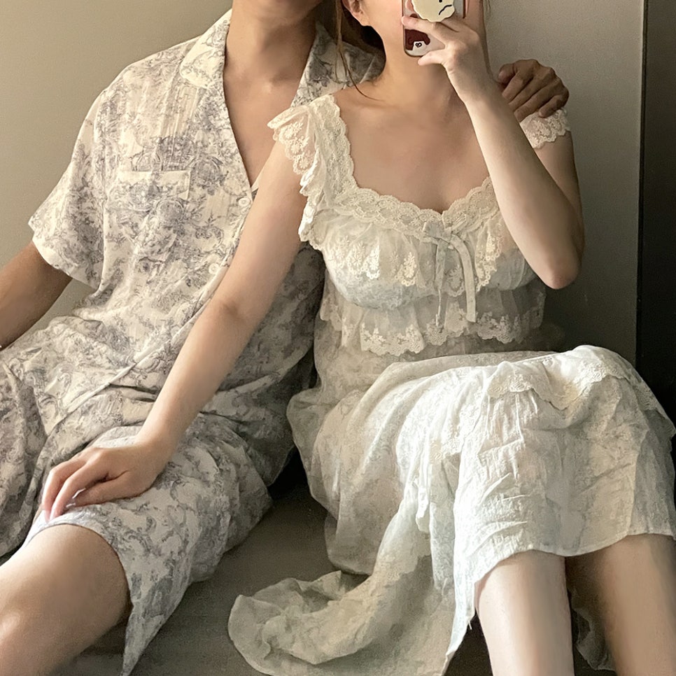힐트니 커플 잠옷 트왈드주이 민소매 캡내장 원피스 여름 신혼 허니문 파자마 상세 이미지 65