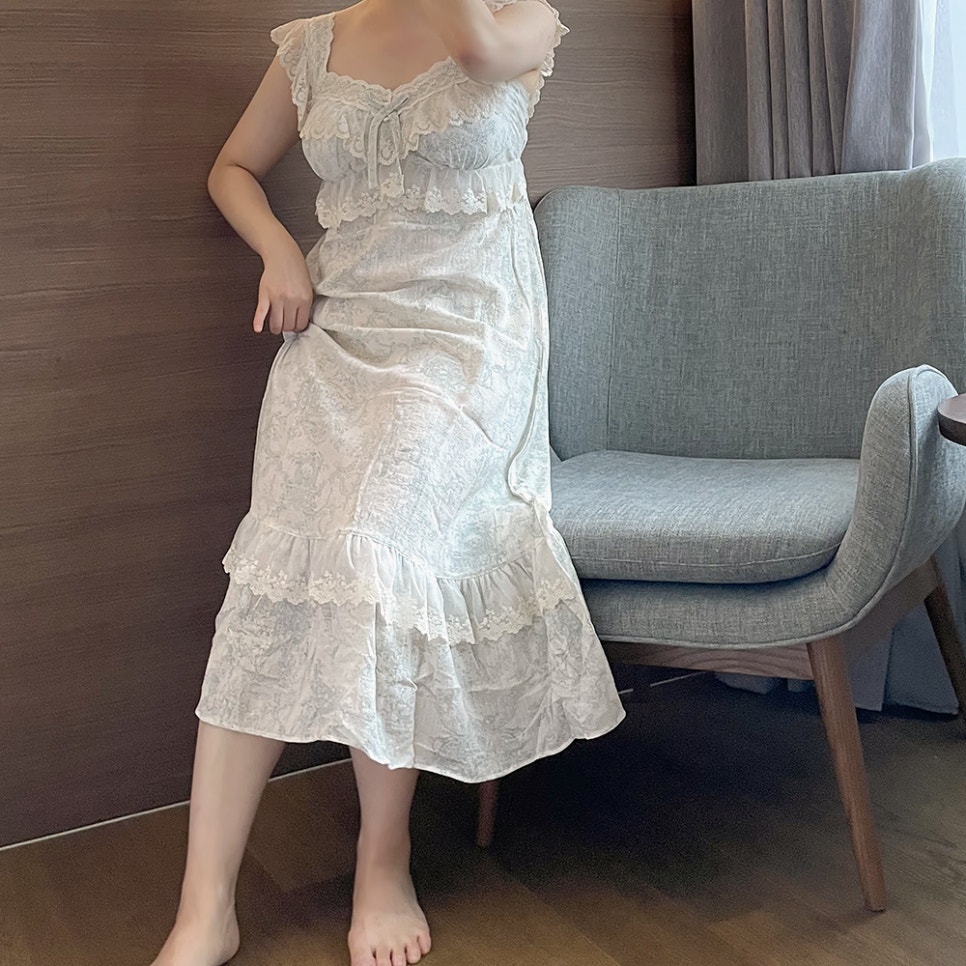 힐트니 커플 잠옷 트왈드주이 민소매 캡내장 원피스 여름 신혼 허니문 파자마 상세 이미지 75