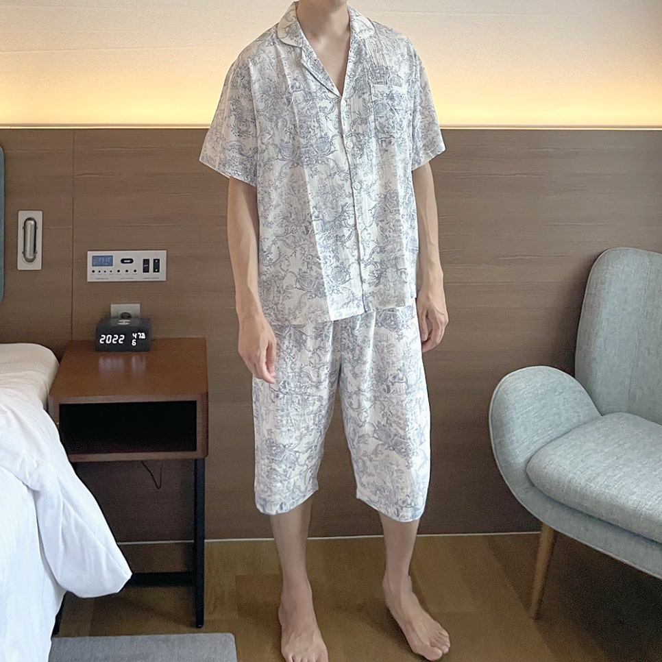 힐트니 커플 잠옷 트왈드주이 민소매 캡내장 원피스 여름 신혼 허니문 파자마 상세 이미지 94