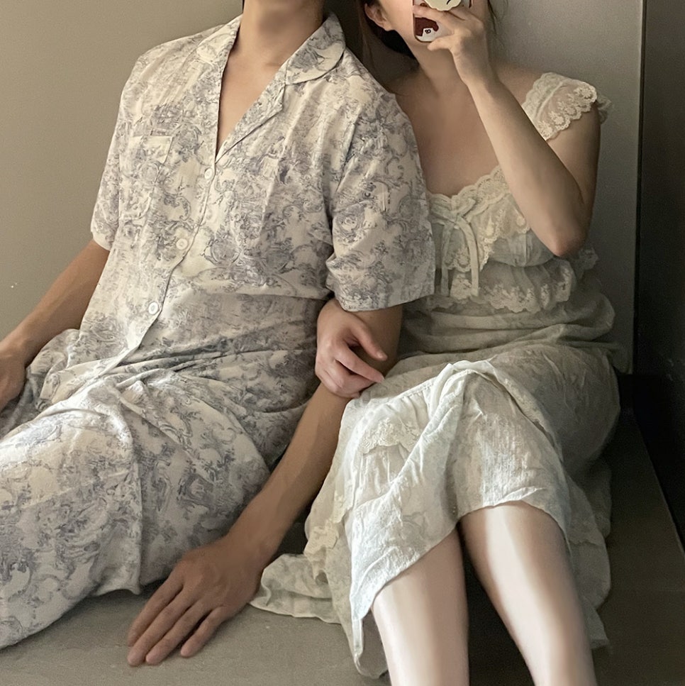 힐트니 커플 잠옷 트왈드주이 민소매 캡내장 원피스 여름 신혼 허니문 파자마 상세 이미지 63