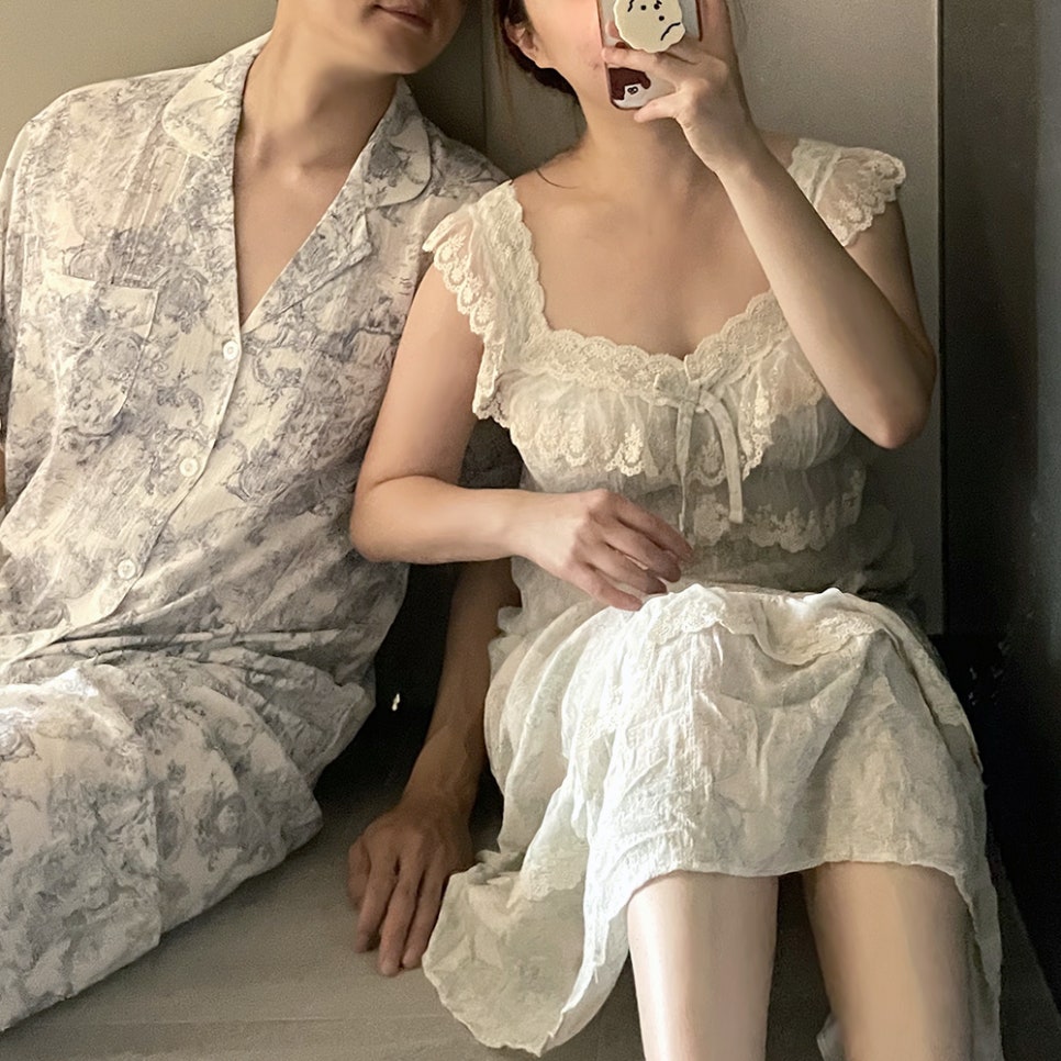 힐트니 커플 잠옷 트왈드주이 민소매 캡내장 원피스 여름 신혼 허니문 파자마 상세 이미지 64
