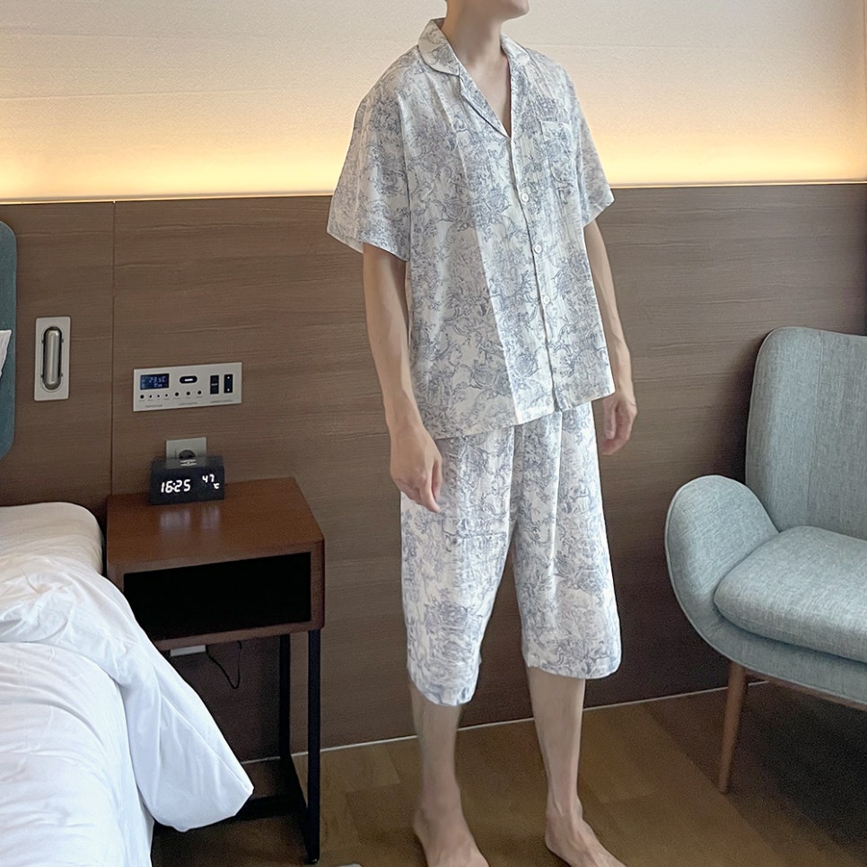 힐트니 커플 잠옷 트왈드주이 민소매 캡내장 원피스 여름 신혼 허니문 파자마 상세 이미지 93