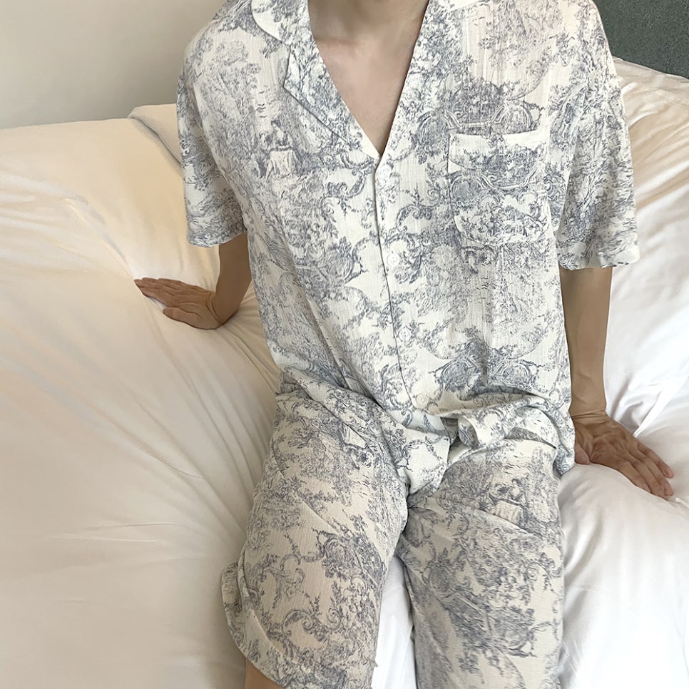 힐트니 커플 잠옷 트왈드주이 민소매 캡내장 원피스 여름 신혼 허니문 파자마 상세 이미지 92