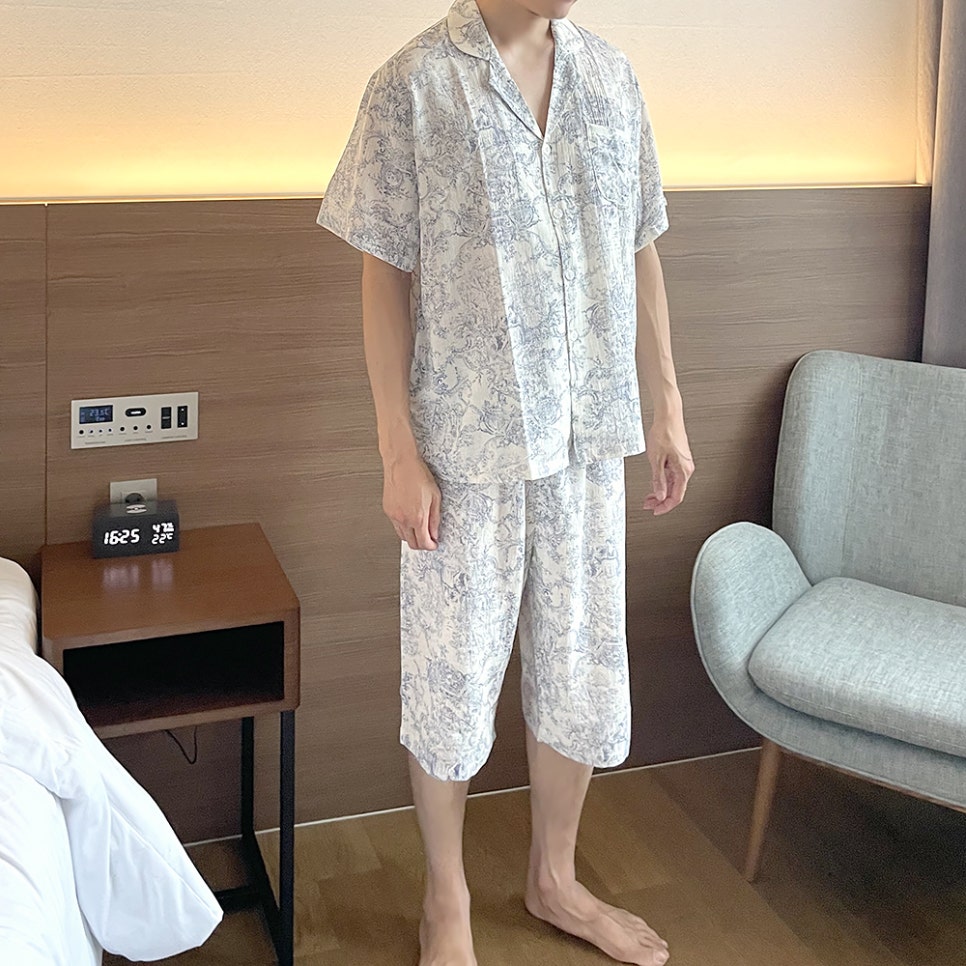 힐트니 커플 잠옷 트왈드주이 민소매 캡내장 원피스 여름 신혼 허니문 파자마 상세 이미지 95