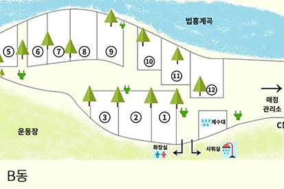 소나무와 계곡 캠핑장 이미지
