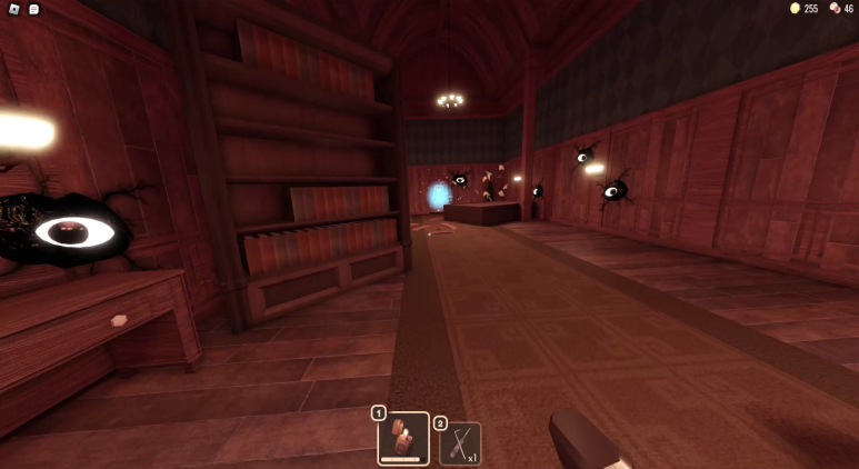 A dark library room in Roblox DOORS with an eye-like creature