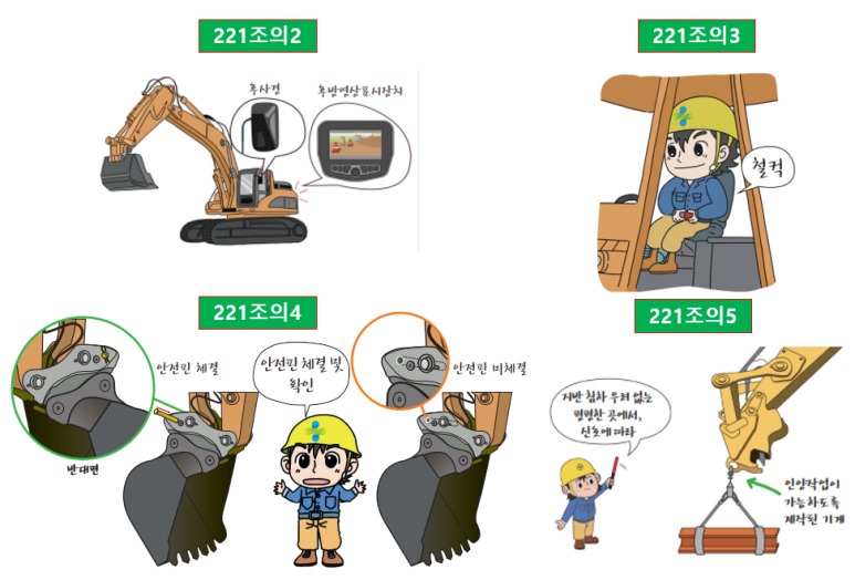 산업안전보건기준에 관한 규칙 제221조의2~221조의5 - 굴착기-충돌위험 방지, 좌석안전띠, 잠금장치, 인양작업 등 안전조치 ...