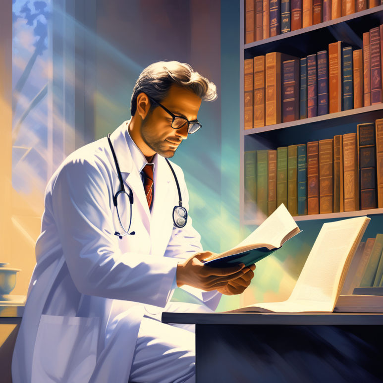 a doctor reading an academic article 865871960