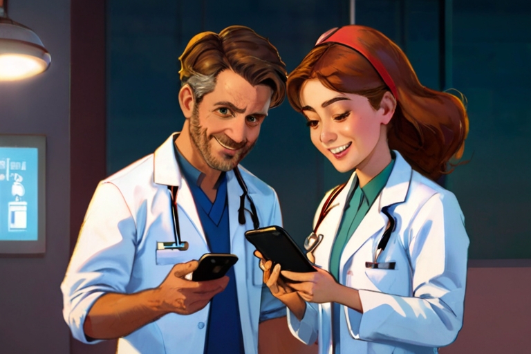 Default A nurse and a doctor who are holding mobile phones in 0