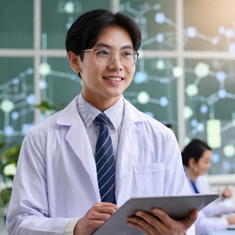 Firefly A doctor presenting his article in a Biotech industry conference, wi