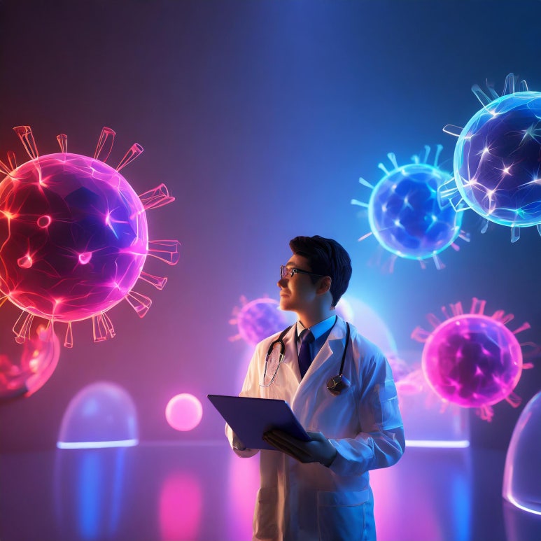 Firefly A medical translator in doctor gown with many scientists and virus b