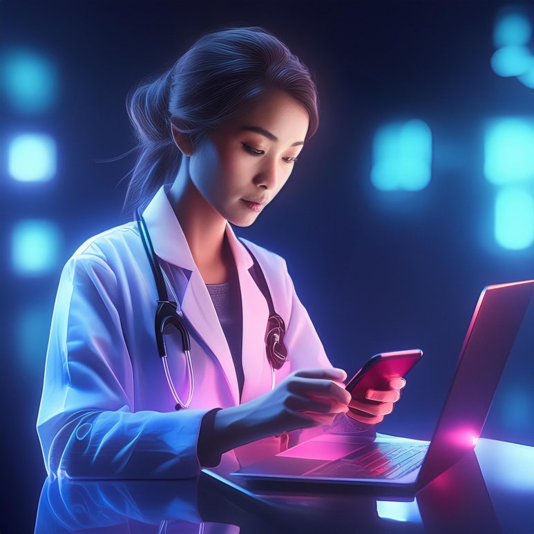 Firefly A medical professional typing the words on laptop computer and holdi