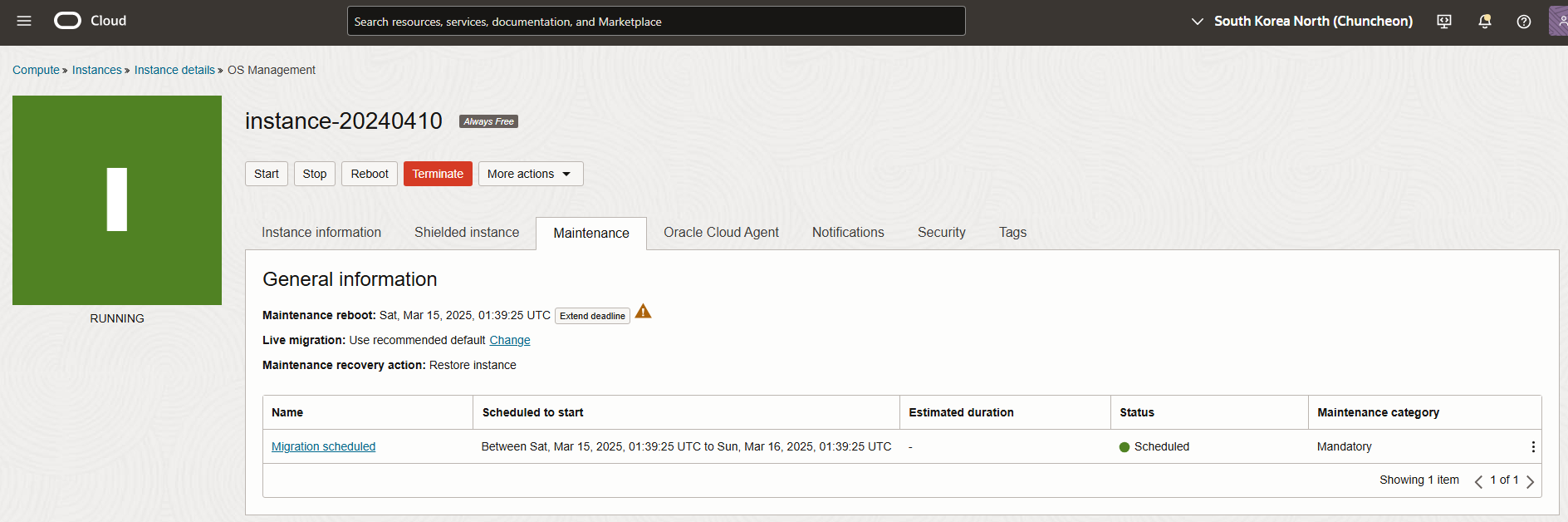 기록) Oracle Cloud Infrastructure Compute - Reboot Scheduled for Virtual Machine Instance 썸네일