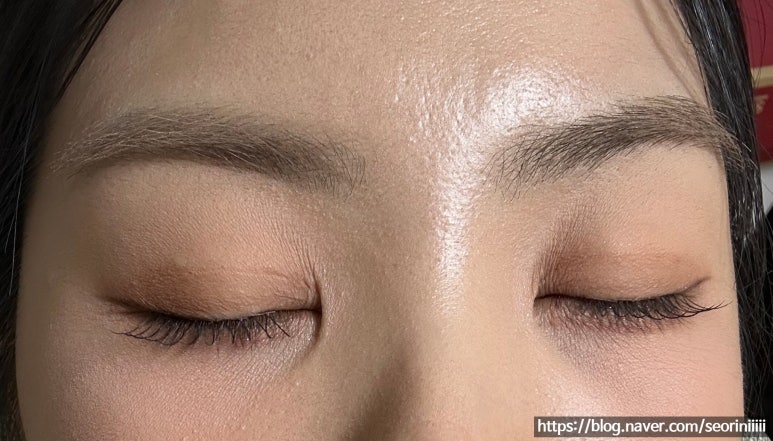 브라운 음영 섀도와 톤다운한 눈썹이 보이는 눈 감은 근접샷이에요.