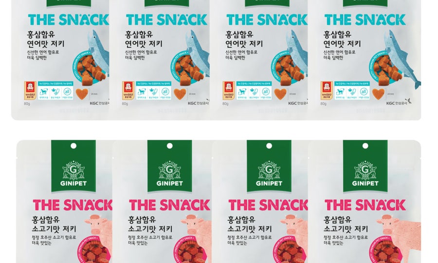 정관장 지니펫 강아지 간식 홍삼 함유 저키 연어맛,4봉+소고기맛,4봉, 640g, 1개