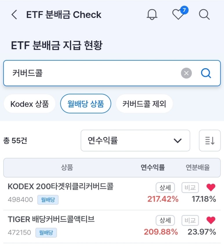 FUNETF 앱에서 커버드콜 ETF를 검색한 결과 화면