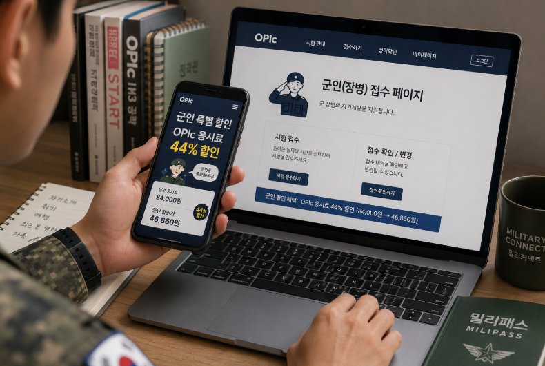 군인 전용 오픽 접수 홈페이지 화면으로 육군본부 OPIc 평가 접수 로그인을 안내하는 이미지