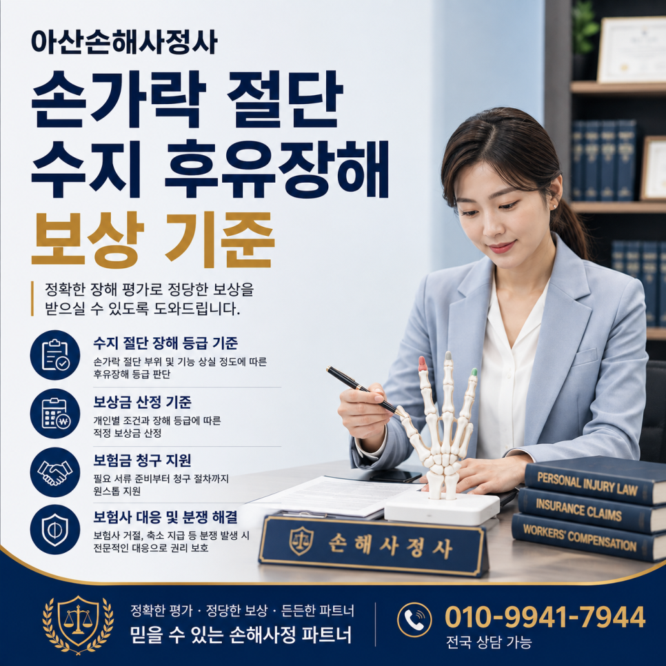 아산손해사정사 손가락 절단 수지 후유장해 보상 기준