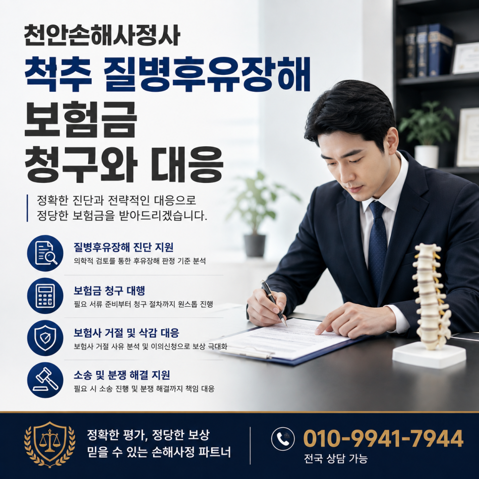 천안손해사정사 척추 질병후유장해 보험금 청구와 대응