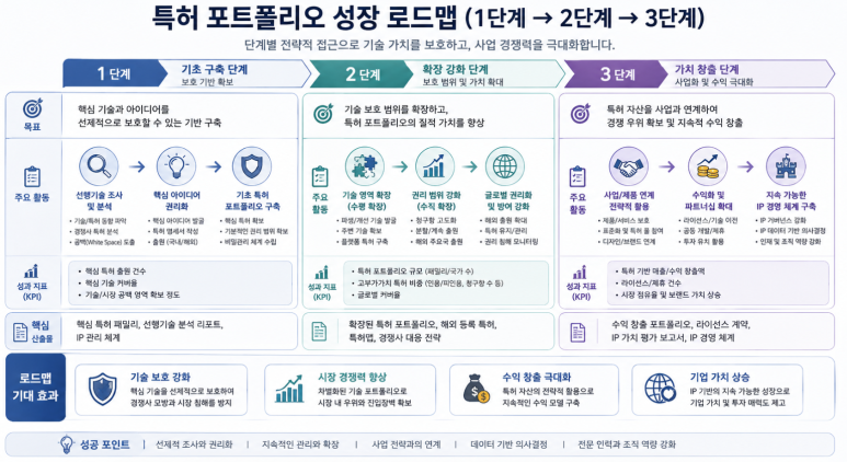 특허 포트폴리오 성장 로드맵 개요, 1단계에서 3단계까지의 발전 과정 및 목표를 설명하는 인포그래픽.