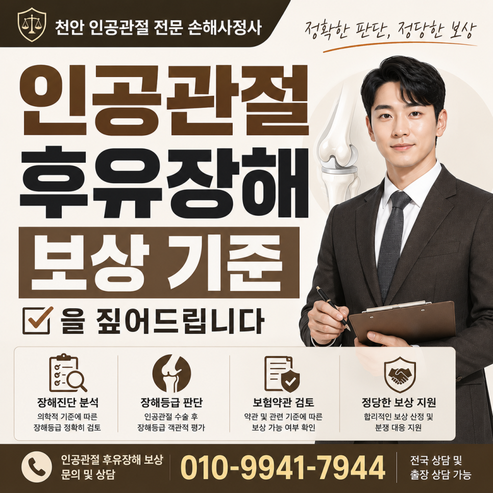 천안 인공관절 전문 손해사정사가 후유장해 보상 기준을 짚어드립니다