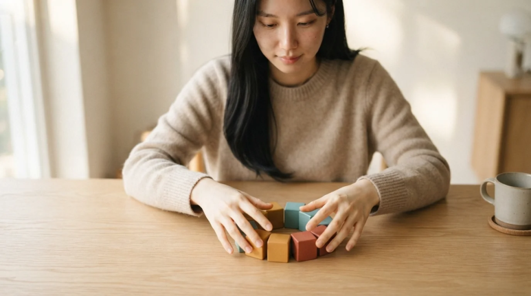 나무 블록을 둥글게 모으는 여성. 이재명 대통령 개각의 인적 통합과 조화를 상징.
