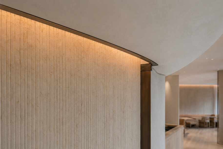 HANJI VEIN installed detail visualization · 패널 모듈과 숨은 조명이 만드는 연속된 빛