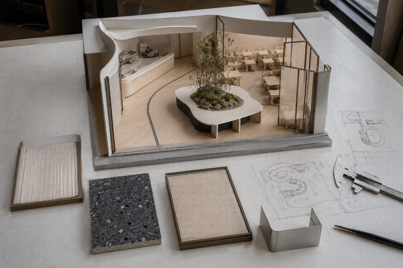 Concept model & material palette visualization · 곡선형 동선, 중앙 풍경, 네 가지 소재 시스템