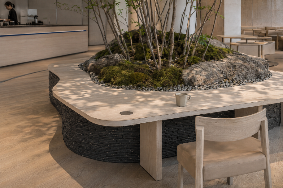 SUMGYEOL ISLAND installed detail visualization · 식재·배수·좌석을 분리한 중앙 풍경 시스템