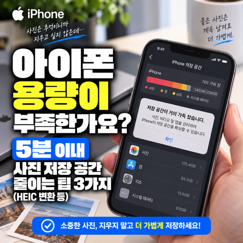아이폰 용량이 부족한가요? 5분 이내 사진 저장 공간 줄이는 팁 3가지 (HEIC 변환 등) 관련 이미지