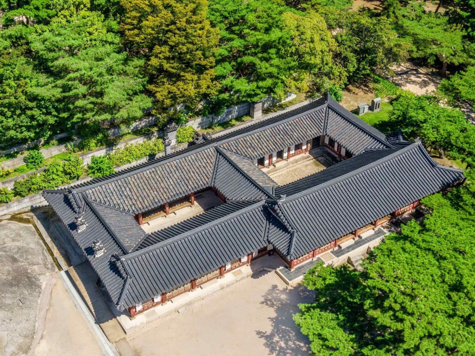 위에서 내려다본 창경궁 집복헌·영춘헌 일대의 기와지붕과 숲