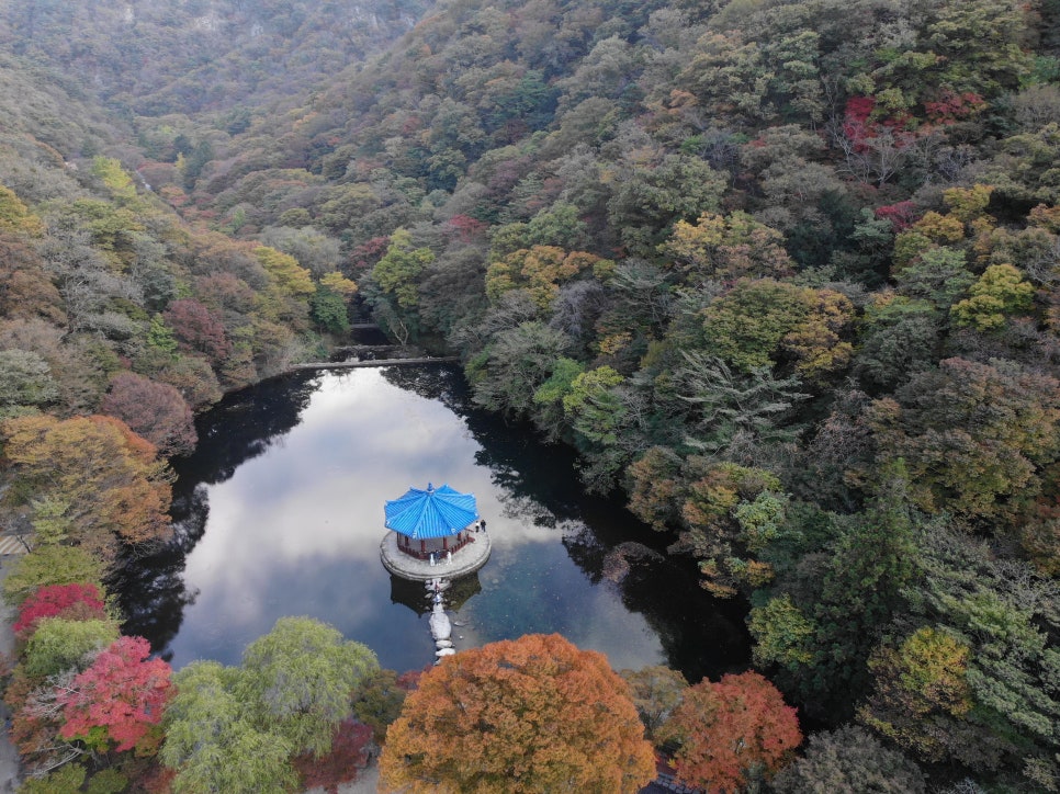 A drone view over Uhwajeong at Naejangsan: a pavilion in the middle of a pond, the slopes around it entirely red with maples.