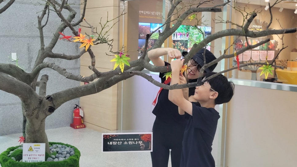 An adult and a child hanging up maple-leaf-shaped paper with a wish written on it inside the Naejangsan visitor centre.
