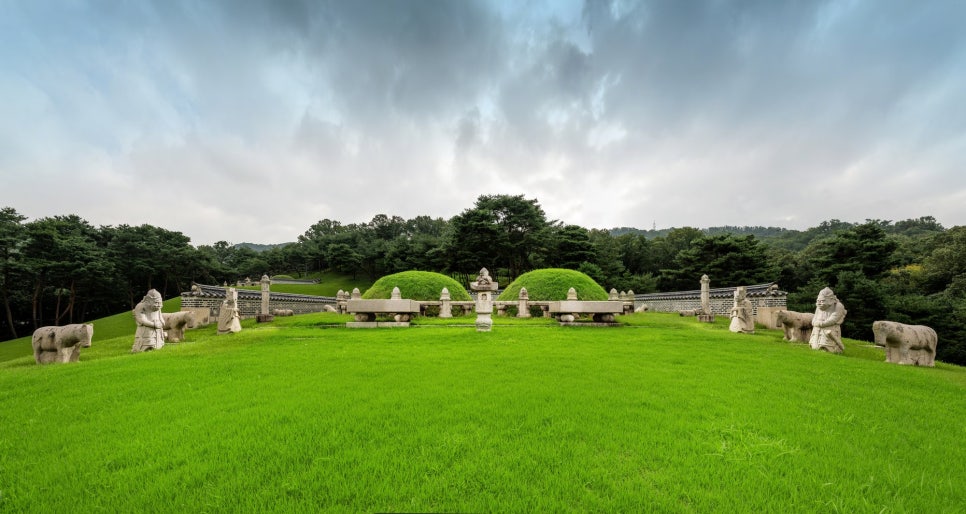 The Seooreung royal tomb grounds in Goyang: a tomb mound and its T-shaped shrine seen through pine woods