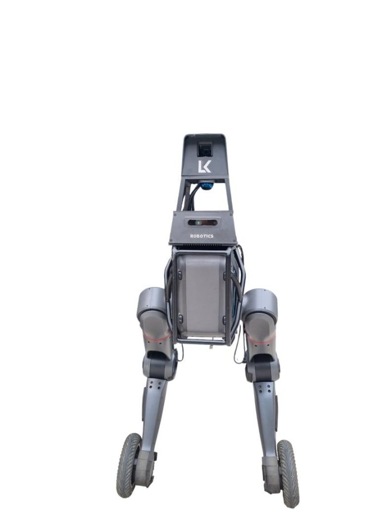 The two-legged AI patrol robot bound for the Seooreung tombs in Goyang: jointed legs ending in wheels, with a sensor tower on top
