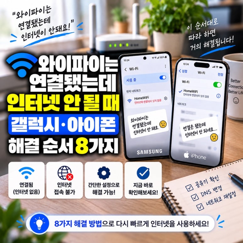 와이파이는 연결됐는데 인터넷 안 될 때|갤럭시·아이폰 해결 순서 8가지 관련 이미지