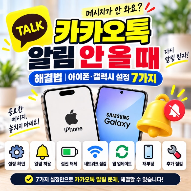 카카오톡 알림 안 올 때 해결법|아이폰·갤럭시 설정 7가지 관련 이미지