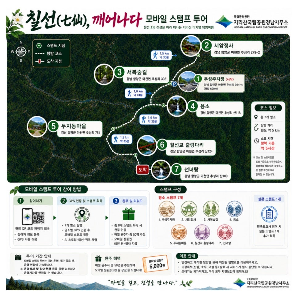 The official map of the 'Chilseon, Awakening' mobile stamp trail, its seven points numbered in course order.