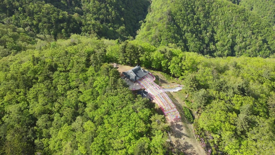The Jeongmyeolbogung hall at Odaesan among spring woods.