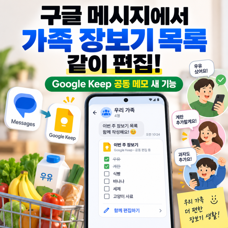 구글 메시지에서 가족 장보기 목록 같이 편집|Google Keep 공동 메모 새 기능 관련 이미지